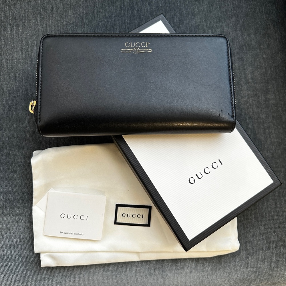 Authenticated Gucci Leather Zipper Long Wallet 547591  Card Case Dust Bag & Box